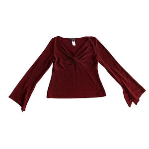 Xscape Womens Red Sparkle Blouse Size Medium Flared Sleeve Pullover Twist Knot